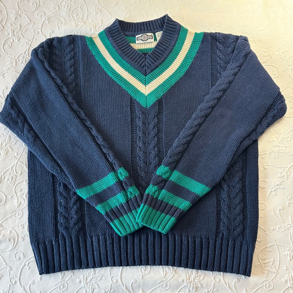 Vintage 80s Gulf Traders Cable Knit V-Neck Sweater Navy Green Stripe Size L Prep
